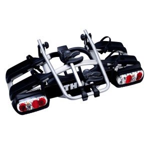 Thule Euroway G2 Fahrradträger für Anhängerkupplung, zusammengeklappt, mit Rückleuchten.