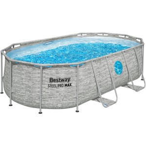 Bestway Frame Pool mit Steinwand-Optik, oval, 427x250x100 cm, inklusive Filterpumpe.