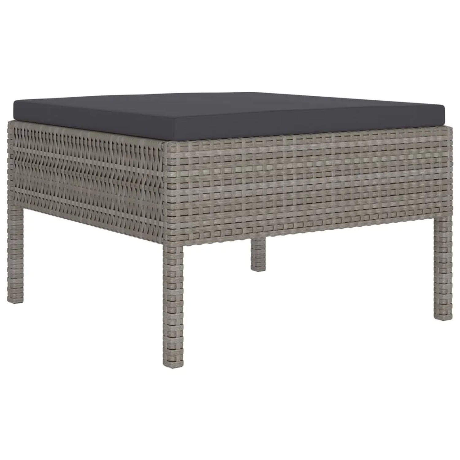 Grauer vidaXL Gartenmöbel-Hocker aus Rattan mit anthrazitfarbenem Kissen, Teil eines Lounge-Sets.