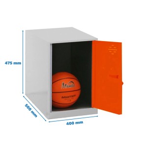 PROREGAL Schließfachwürfel in Grau-Orange mit geöffneter Tür und Basketball im Inneren.