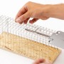 Drahtkäfig-Rattenfalle in Aktion: Hand bedient Auslöser der Lebendfalle.