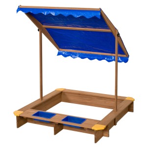 Swing King Sandkasten Ibiza mit blauem Dach und zwei blauen Behältern aus FSC®-Holz.