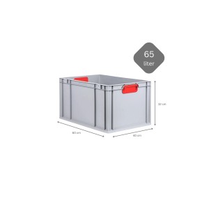 PROREGAL Eurobox Sparset, 5 graue Aufbewahrungsboxen mit roten Griffen und Deckel, 60x40x32 cm.