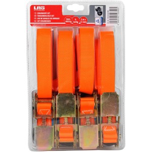 LAS Spanngurt-Set mit Ratsche und Haken zur Ladungssicherung im Transport, orange, 4 Stück.