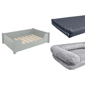 Graues Erst-Holz Haustierbett aus Kiefer mit Rollrost und optionaler Matratze.