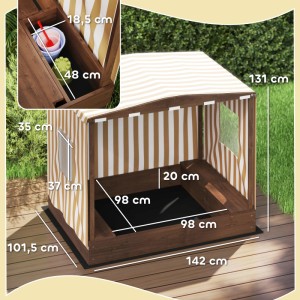 AIYAPLAY Sandkasten mit Vordach und Netztür, braunes Holz, Abmessungen sichtbar.