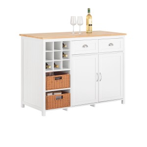 SoBuy Kücheninsel KNL05-W mit Rattankörben, Sideboard in Weiß mit Holzplatte, Weinfächern und Stauraum.