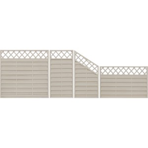 Sichtschutzzaun-Elemente Country Cream, lasiert, verschiedene Größen und Formen.