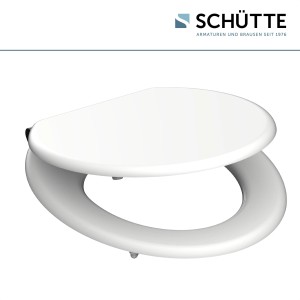 Weißer Schütte WC-Sitz mit Holzkern und Absenkautomatik für leises Schließen.