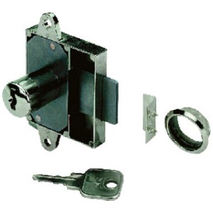 Hettich Zylinder-Aufschraubschloss aus Stahl, vernickelt, mit Schlüssel und Zubehör.