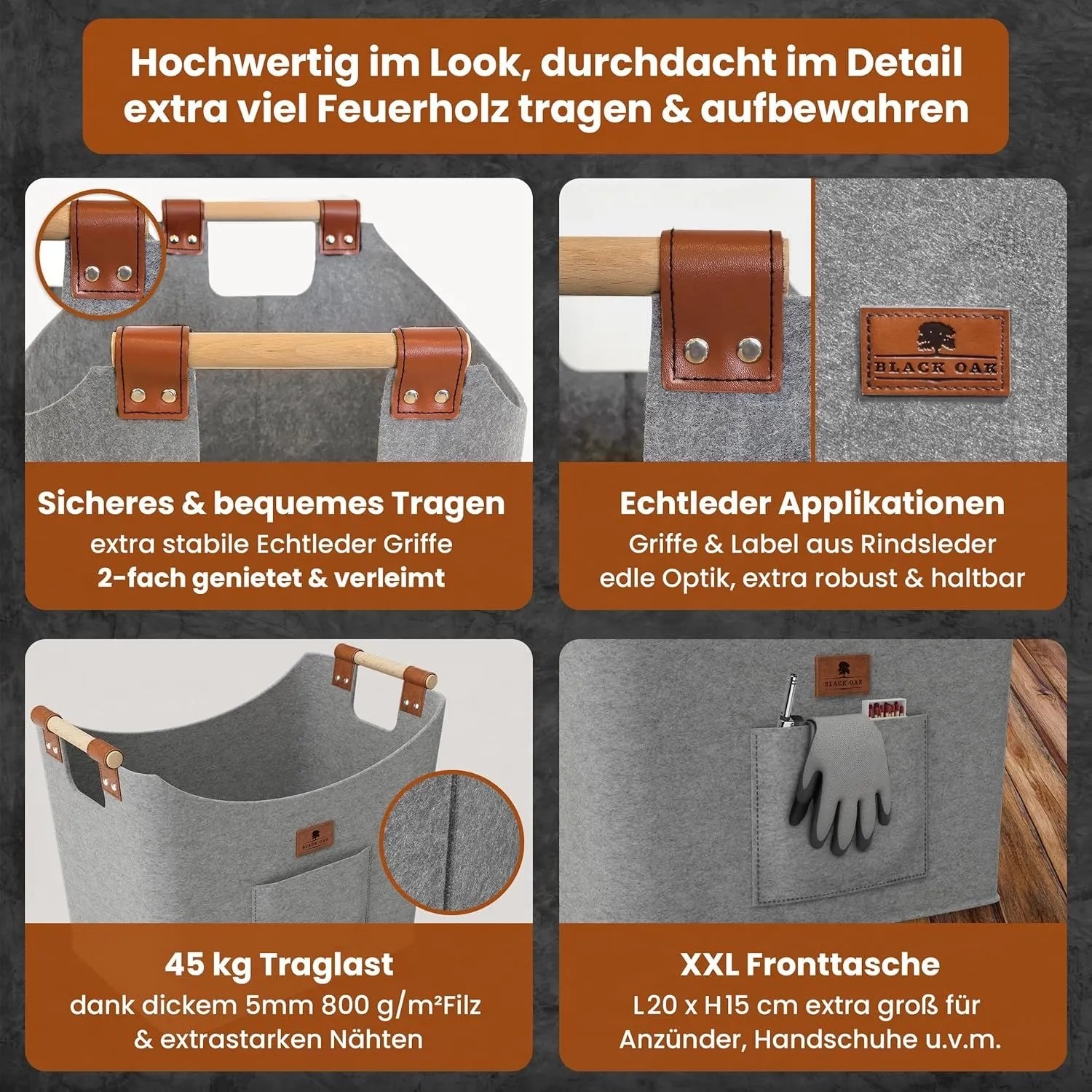 BLACK OAK Holzkorb MONTANA XL 60L Hellgrau – Filzkorb für Kaminholz & Brennholz mit Robusten Holzgriffen mit Echtleder-Applikation und Fronttasche_4