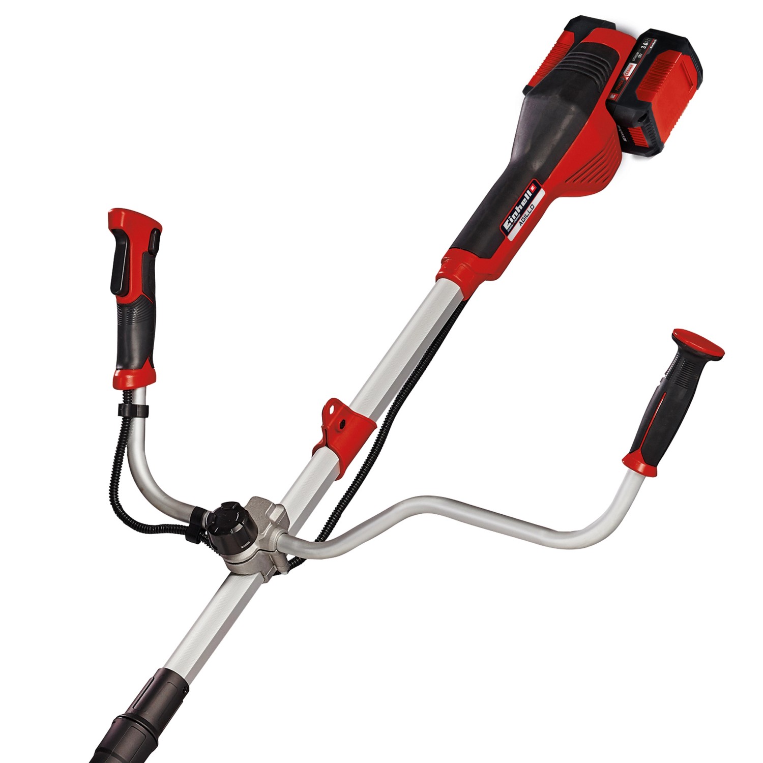 Einhell Akku-Sense Agillo mit zwei Akkus. Akku-Trimmer mit rotem Gehäuse und silbernem Holm.
