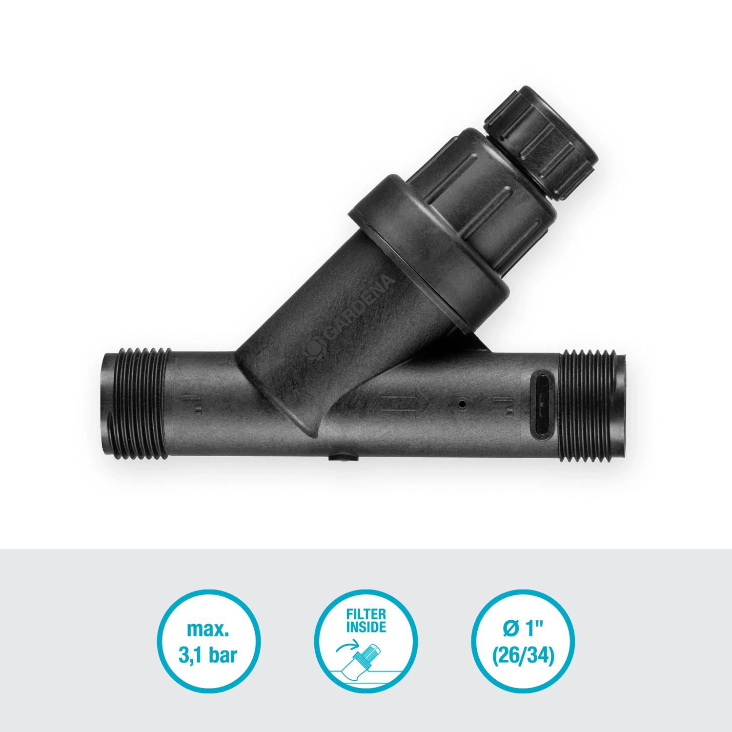 Gardena Druckminderer für Sprinklersysteme, gleicht Druckschwankungen aus, mit Filter.