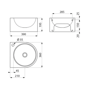 Technische Zeichnung Delabie Handwaschbecken WT FACIL, Edelstahl, Hahnloch rechts, Maße und Details.