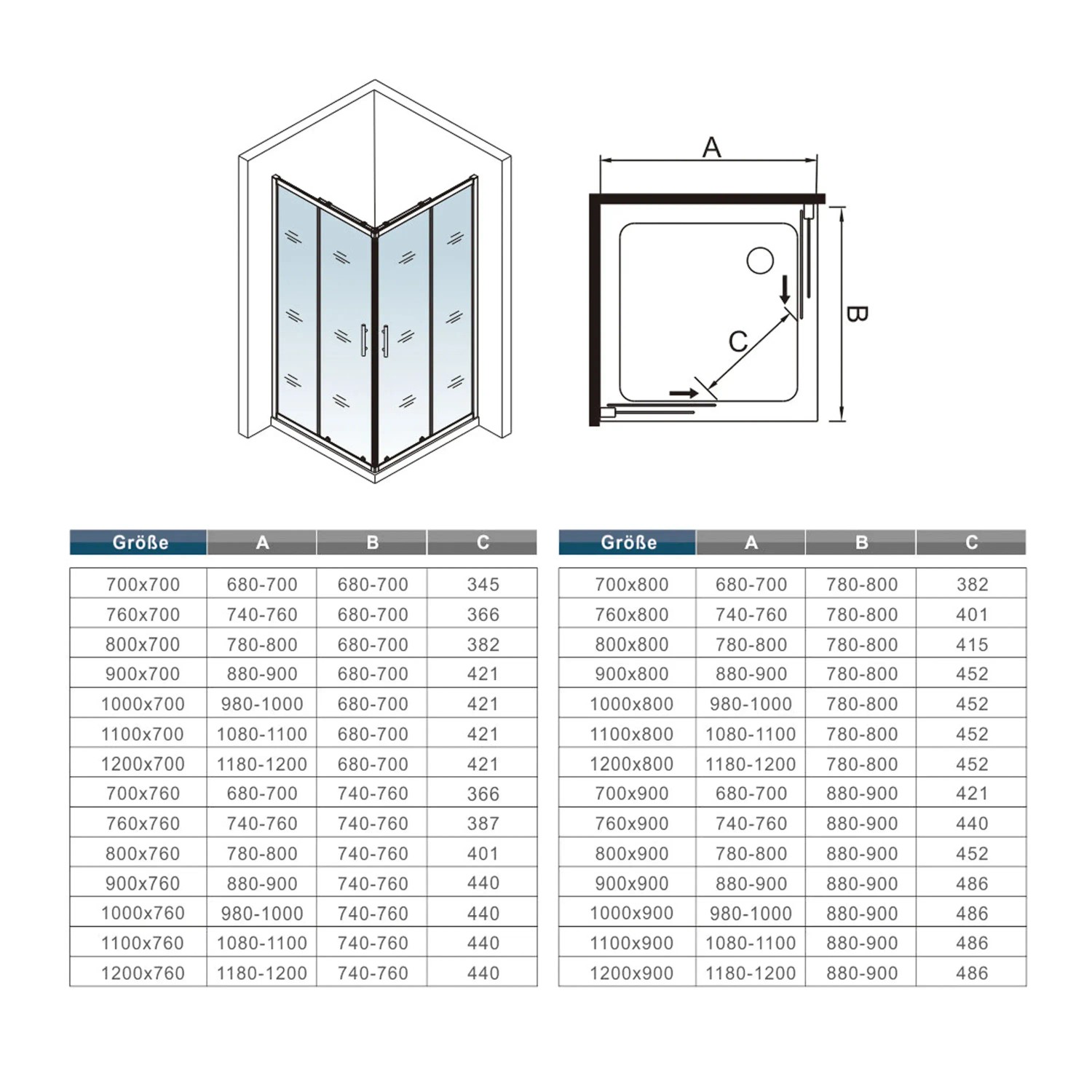 Technische Zeichnung einer AICA Duschtür 100x80cm mit Schiebetür und Eckeinstieg.
