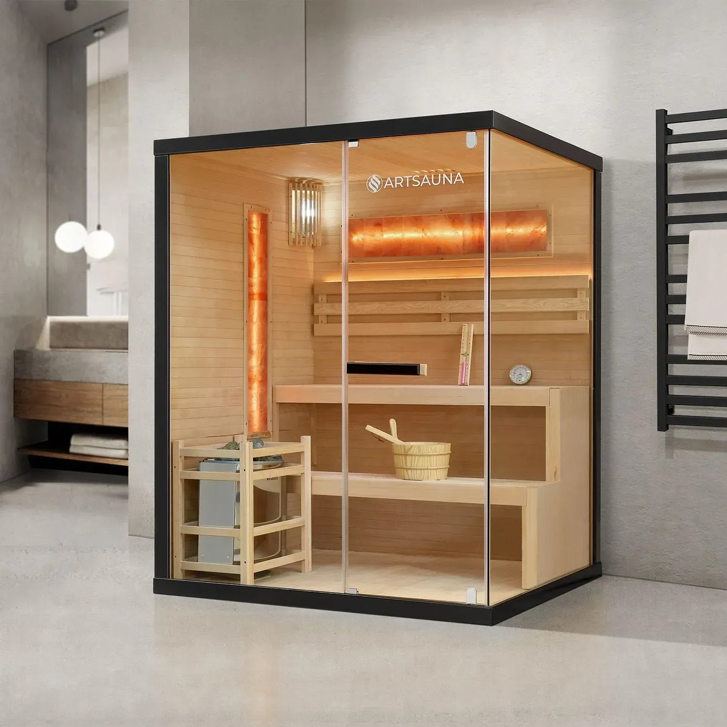 Artsauna Vantaa Sauna 150x140cm mit Ofen, Holzsauna mit Glasfront, Salzsteinen und Zubehör.