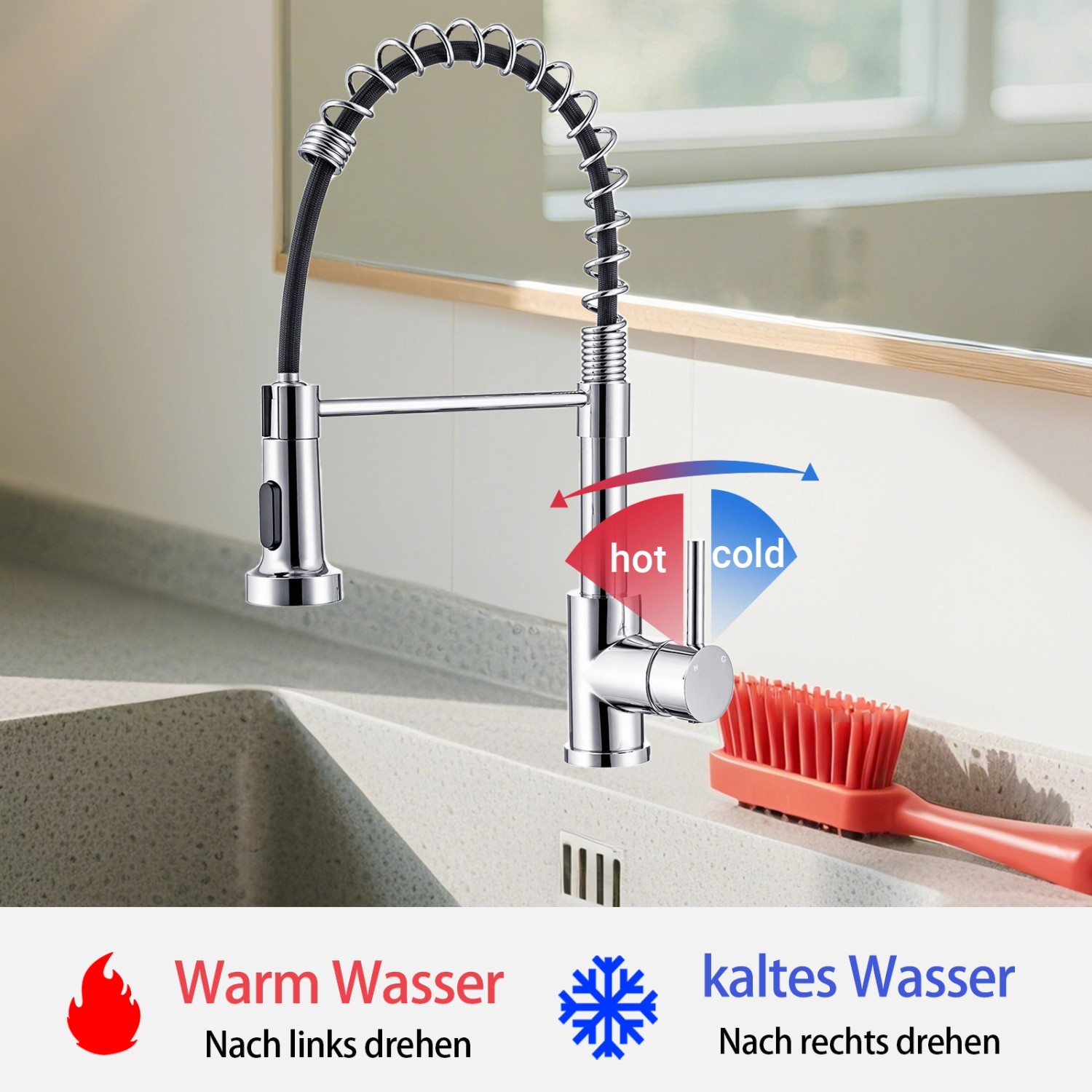 AICA Hochdruck Wasserhahn 43x21x12cm Chrom Küche Abnehmbarer Mischbatterie und Drehbarer 360° Spiralfeder Bad Küchenarmatur_4