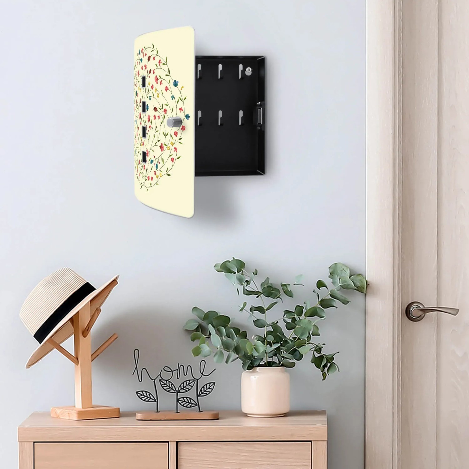Offener Banjado Schlüsselkasten aus Edelstahl mit Blumenreigen-Motiv, 10 Haken.