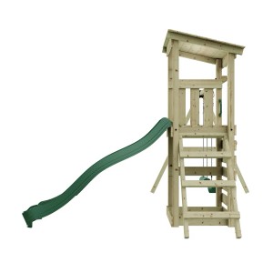 Rebo Spielturm Neapel Natur mit grüner Rutsche und Schaukel aus Holz.