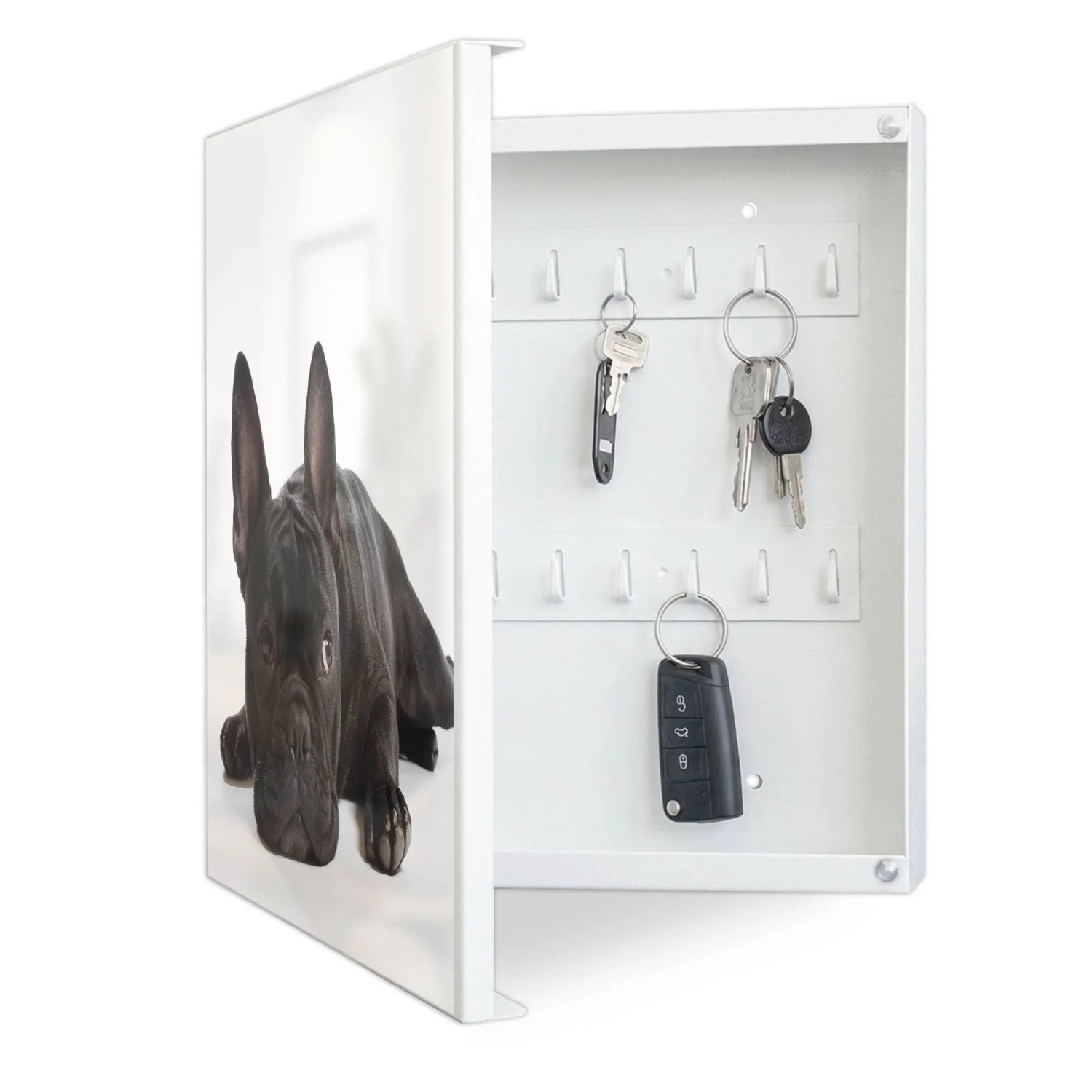 Banjado Großer Schlüsselkasten Metall 30x30cm Weiß Scharnier Links 50 Haken Beschreibbar Magnetisch Motiv Bulldogge