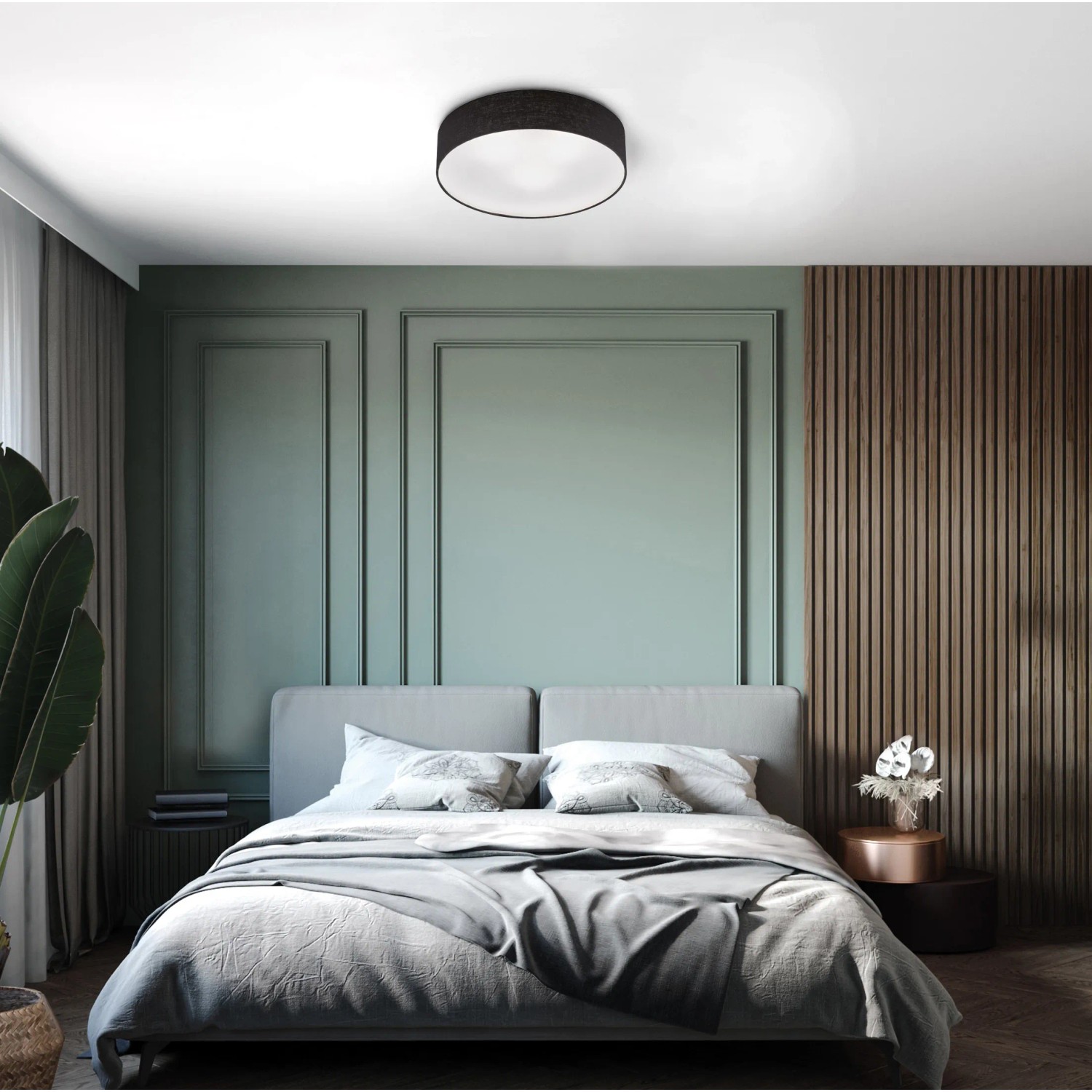 Schwarze Fischer & Honsel Deckenleuchte Maat, 3-flammig, mit weißem Schirm in Schlafzimmer.