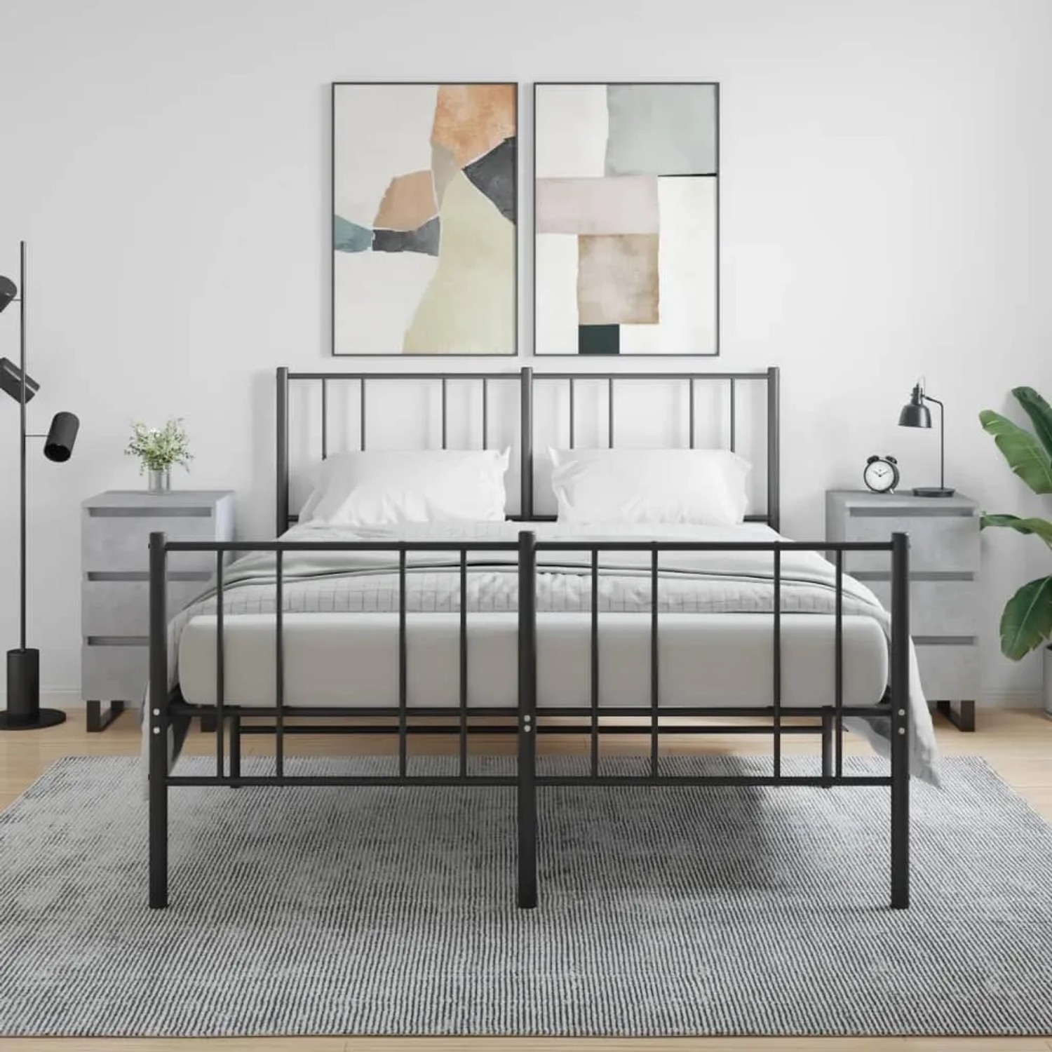 Zwei graue Nachttische vidaXL (40x35x69 cm) aus Holzwerkstoff neben einem Bett.