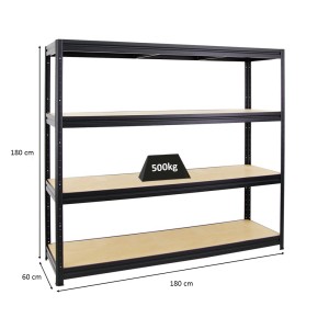 Schwarzes PROREGAL Schwerlastregal Dino, 180x180x60 cm, mit vier MDF-Fachböden. Fachlast 500 kg.