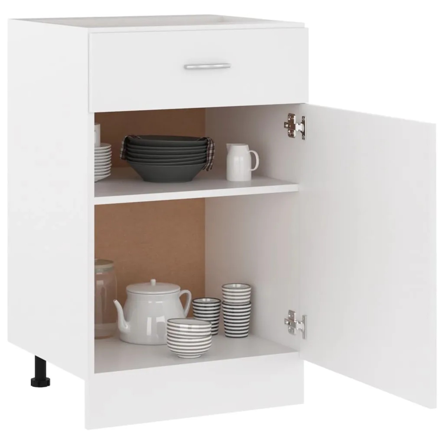 Weißer vidaXL Schubunterschrank (50x46x81,5 cm) aus Holzwerkstoff mit offener Tür und Geschirr.