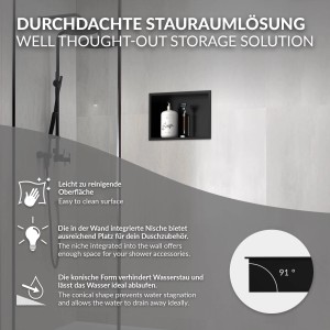 Eingebaute LuxeBath Wandnische aus Edelstahl, 20x30x10 cm, schwarz, mit Duschutensilien.