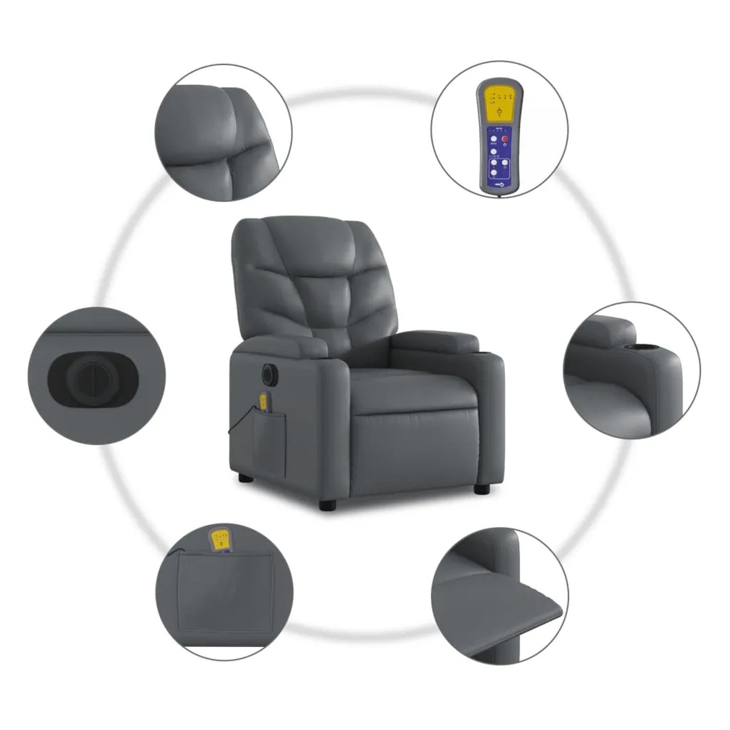 Grauer elektrischer Massagesessel aus Kunstleder mit Getränkehalter und Fernbedienung.