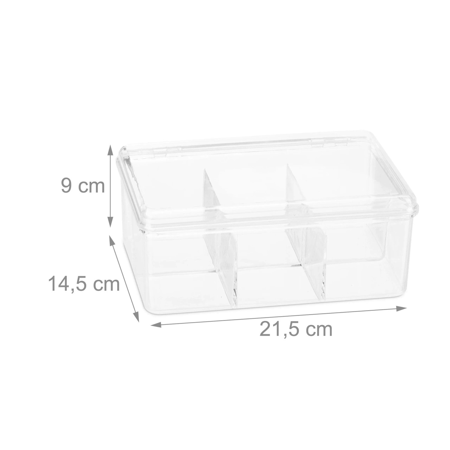 Transparente Kunststoff Teebox mit 6 Fächern und Klappdeckel für Teebeutel Aufbewahrung, 9x21,5x14,5 cm.