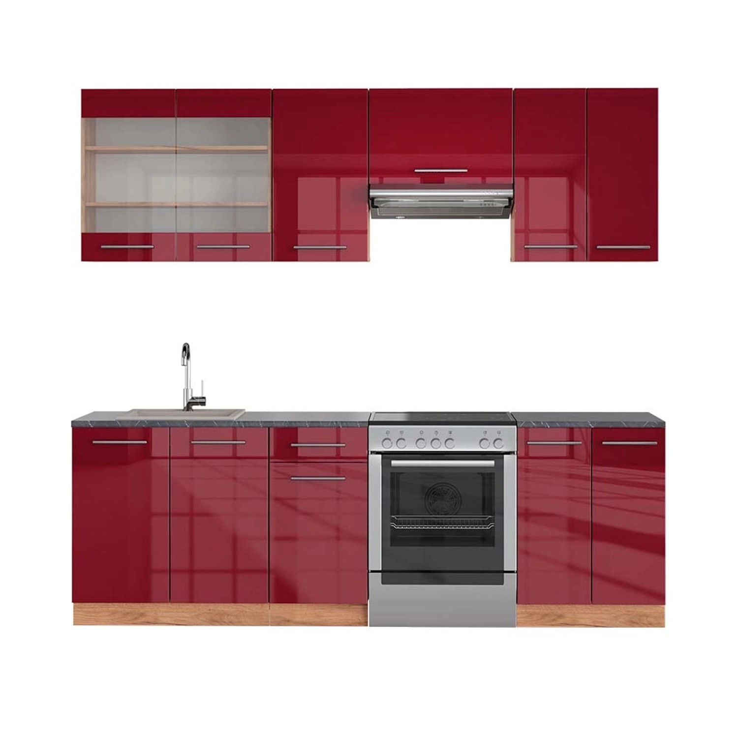 Vicco Fame-Line Küchenzeile Bordeaux Hochglanz/Goldkraft Eiche 240 cm AP An günstig online kaufen