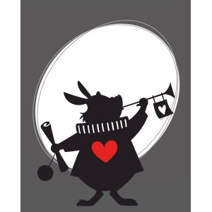 Komar Wandbild Alice Rabbit, 40x50 cm, zeigt einen Hasen mit Herz und Trompete als Scherenschnitt.