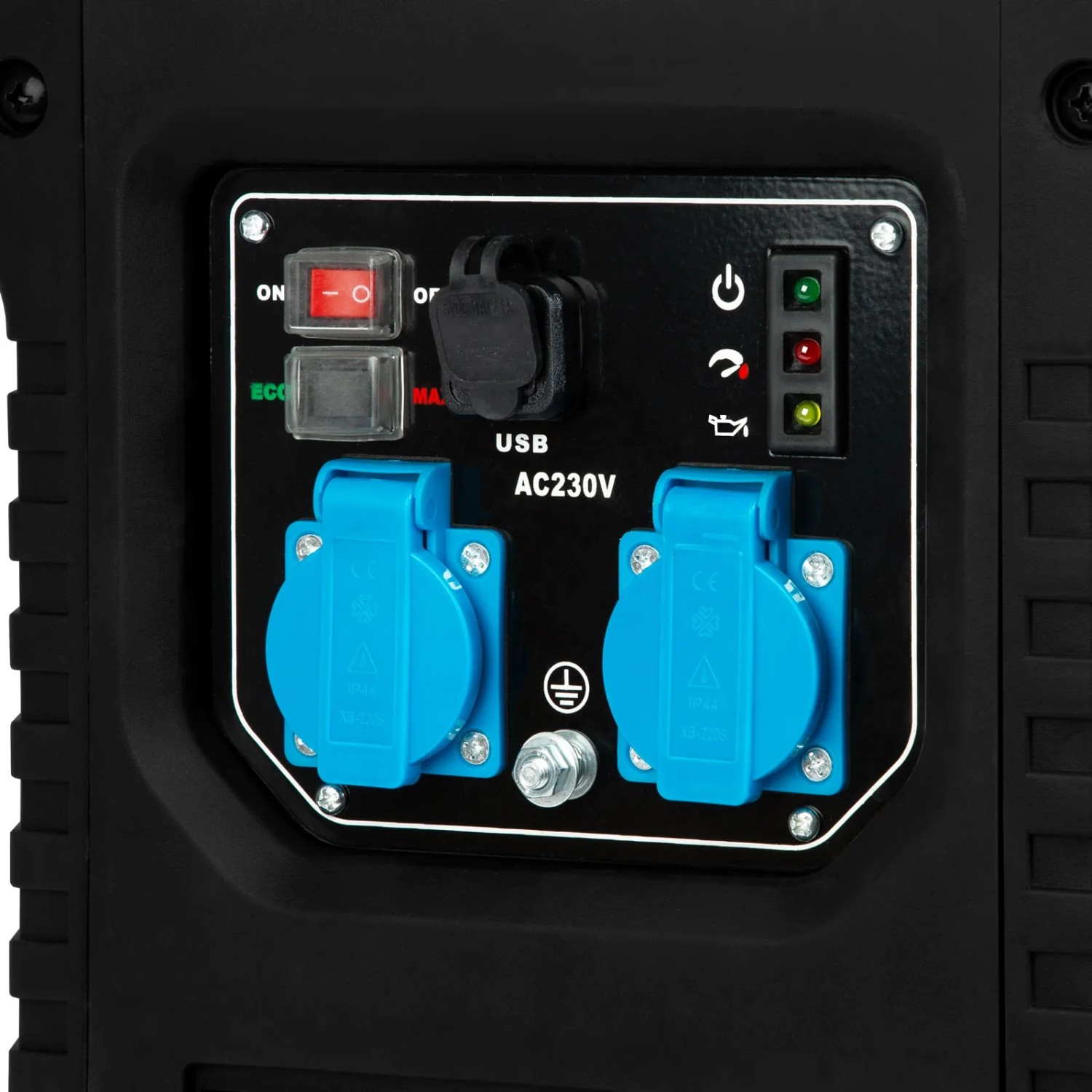 Detailansicht: EBERTH Inverter Stromerzeuger mit 2x 230V Steckdosen und USB-Anschlüssen.