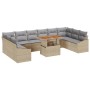 vidaXL Garten Essgruppe 11-tlg. aus beigem Polyrattan mit grauen Kissen und höhenverstellbarem Gartentisch.
