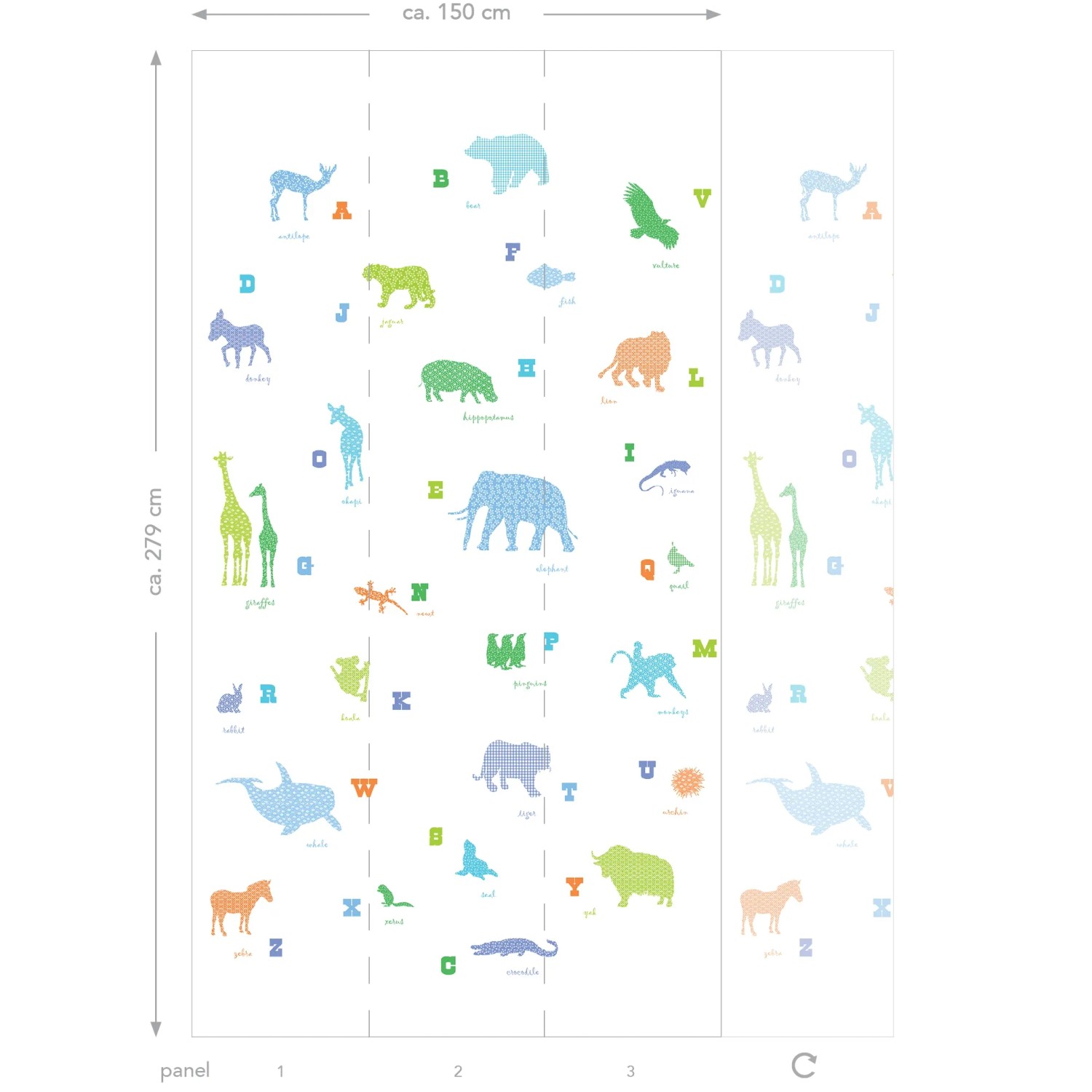 ESTAhome Fototapete Tiere Multicolor 150x279cm mit Tiermotiven und Buchstaben für Kinderzimmer.