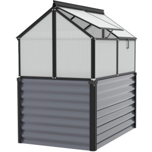 Vitavia Hochfrühbeet Gaia Jumbo, Granit-Schwarz, mit 4 Dachfenstern und Unterbau.