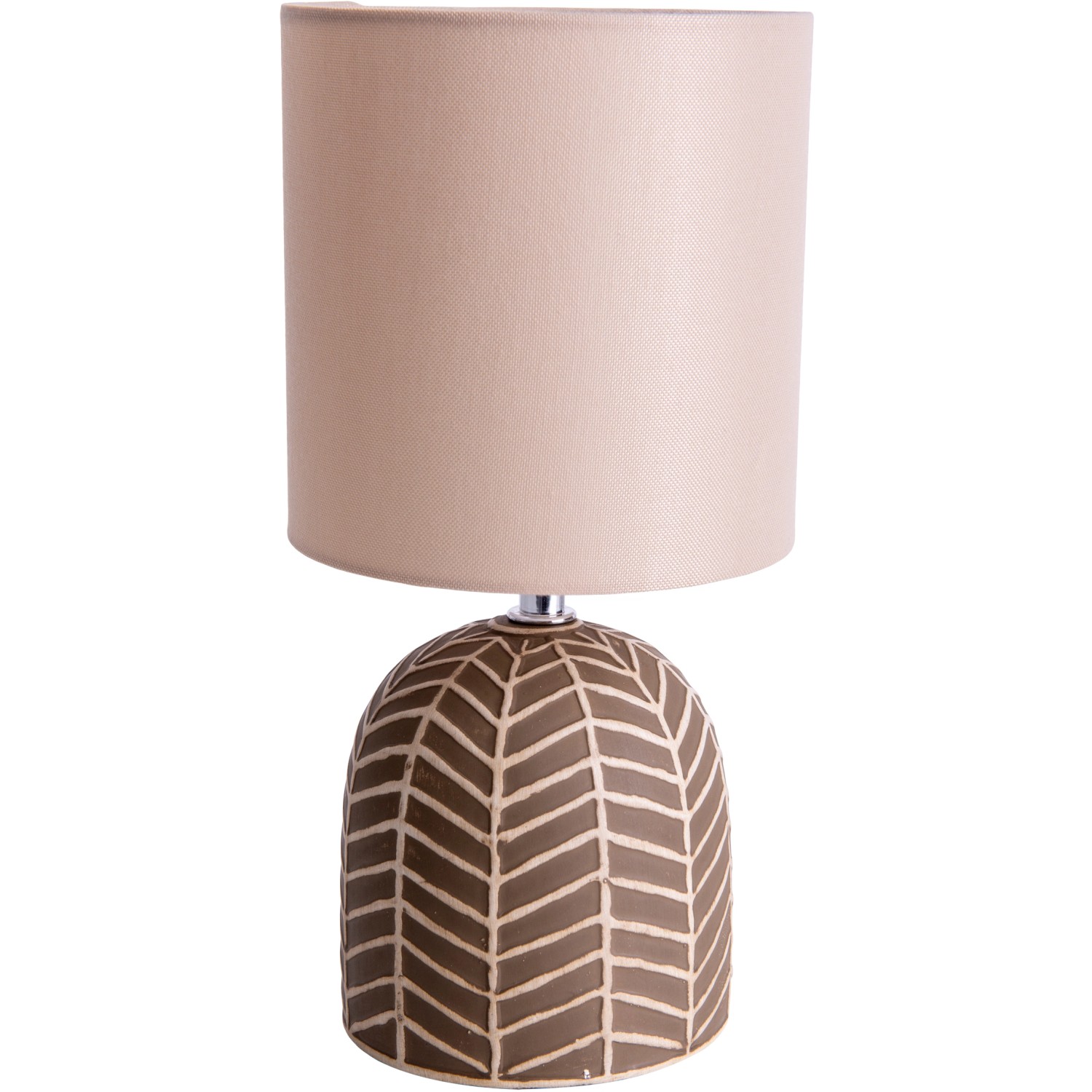 Näve Tischleuchte Folio, braune Keramik mit Muster und beigem Schirm, ca. 27,5 cm hoch.