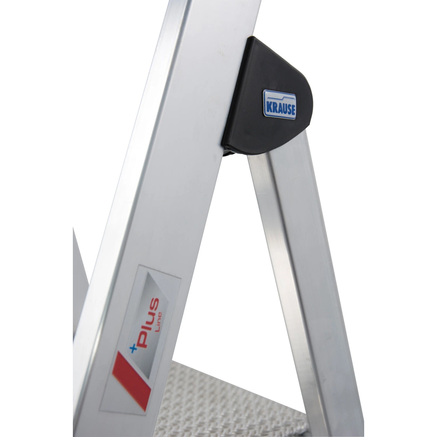 Detailansicht der Krause Stehleiter Safety Plusline mit Stufen und Holmverbindung.
