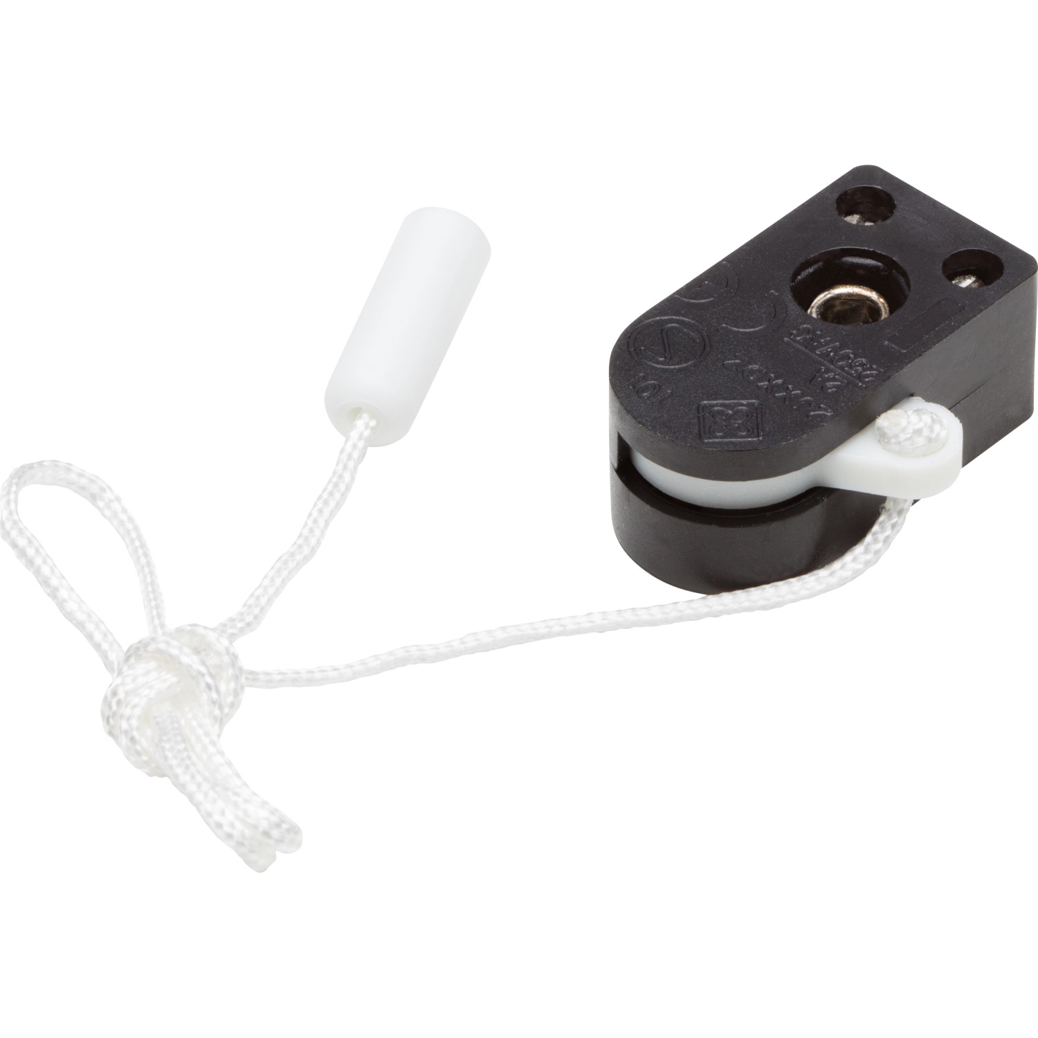 Schwarzer Einbau-Zugschalter für Lampeninstallation mit weißer Zugschnur und Knopf.