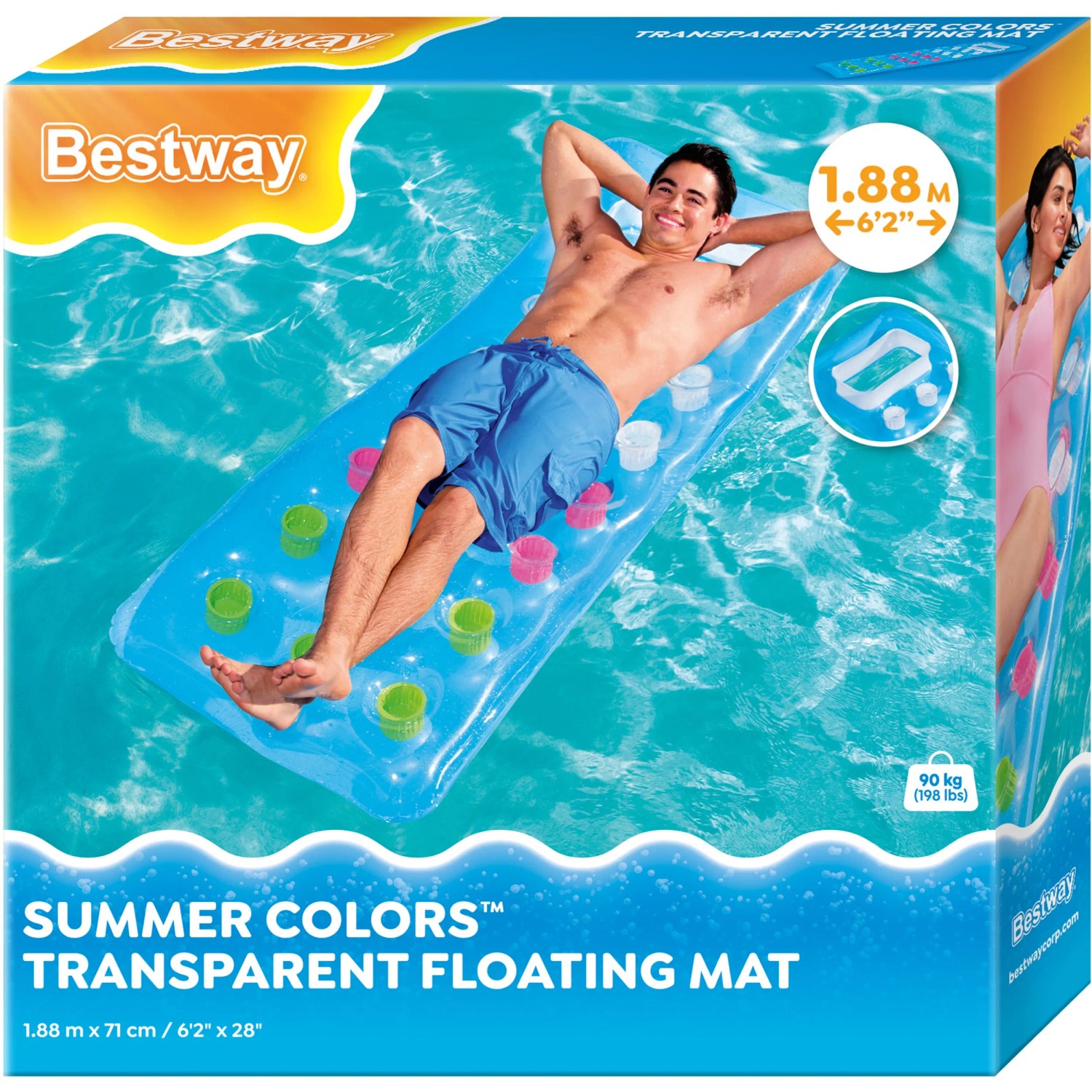 Bestway Luftmatratze, 177x63x16cm, transparent blau mit bunten Akzenten. Badespaß im Pool.