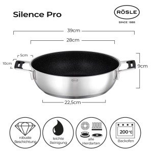 RÖSLE Servierpfanne SILENCE PRO, Ø 28 cm, mit Deckel. Edelstahlpfanne mit Antihaftbeschichtung und zwei Griffen.