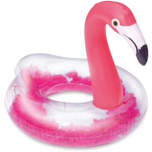Aufblasbarer Schwimmring im Flamingo-Design (107x80cm) mit Federn gefüllt.