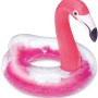 Aufblasbarer Schwimmring im Flamingo-Design (107x80cm) mit Federn gefüllt.