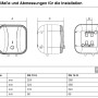 Skizze: Thermoflow Untertischspeicher DS5U, Maße und Abmessungen für die Installation.