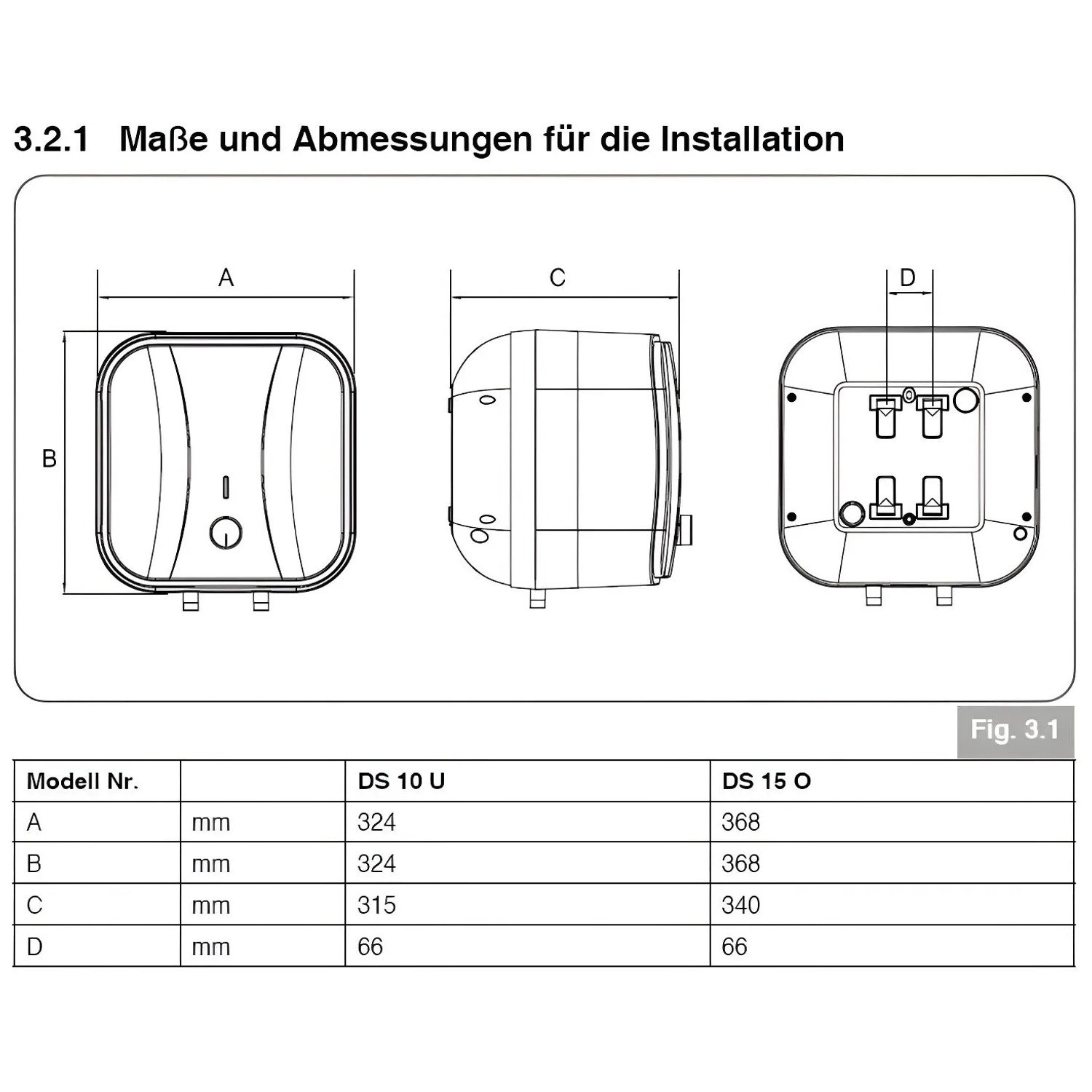 Skizze: Thermoflow Untertischspeicher DS5U, Maße und Abmessungen für die Installation.
