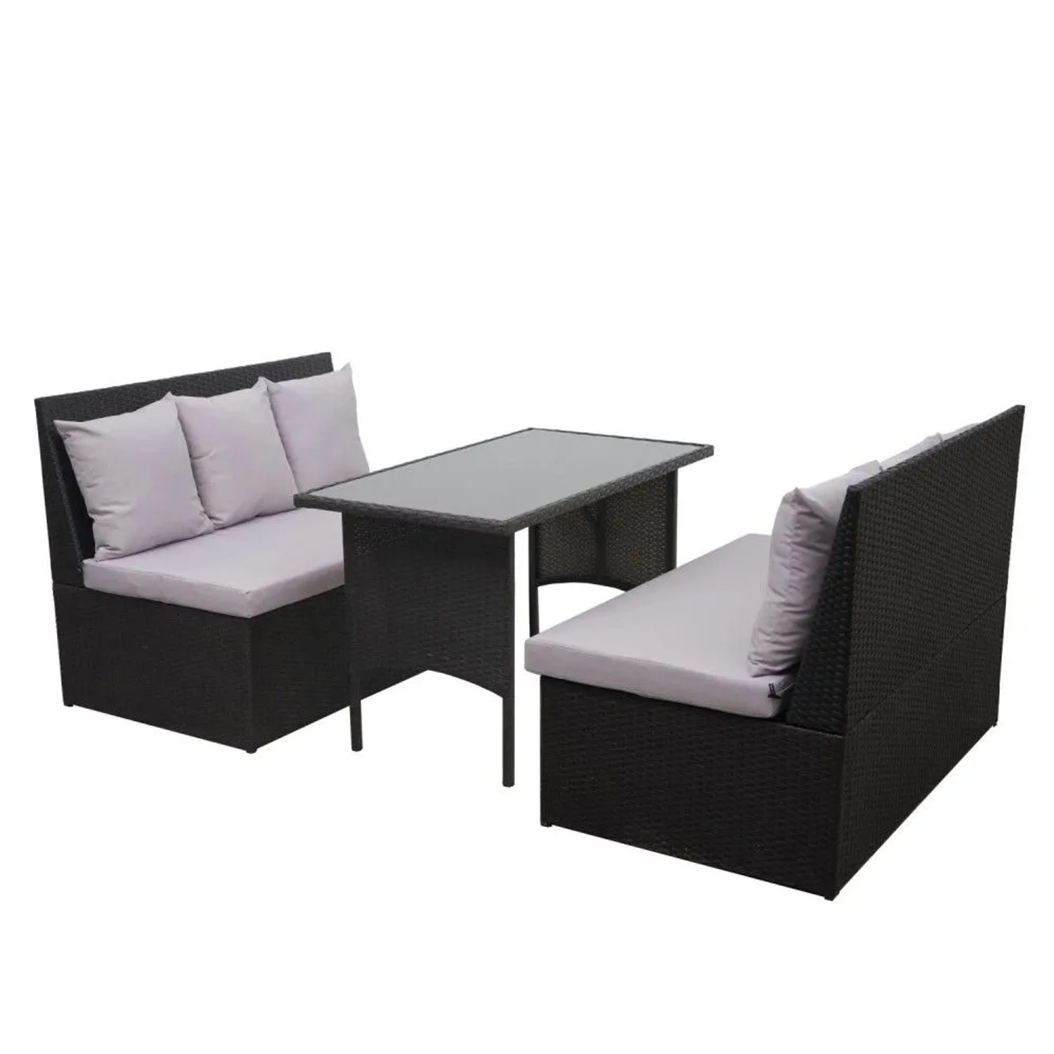 MCW Poly-Rattan Garnitur G16 2x2er Sofa Tisch Schwarz Kissen Hellgrau