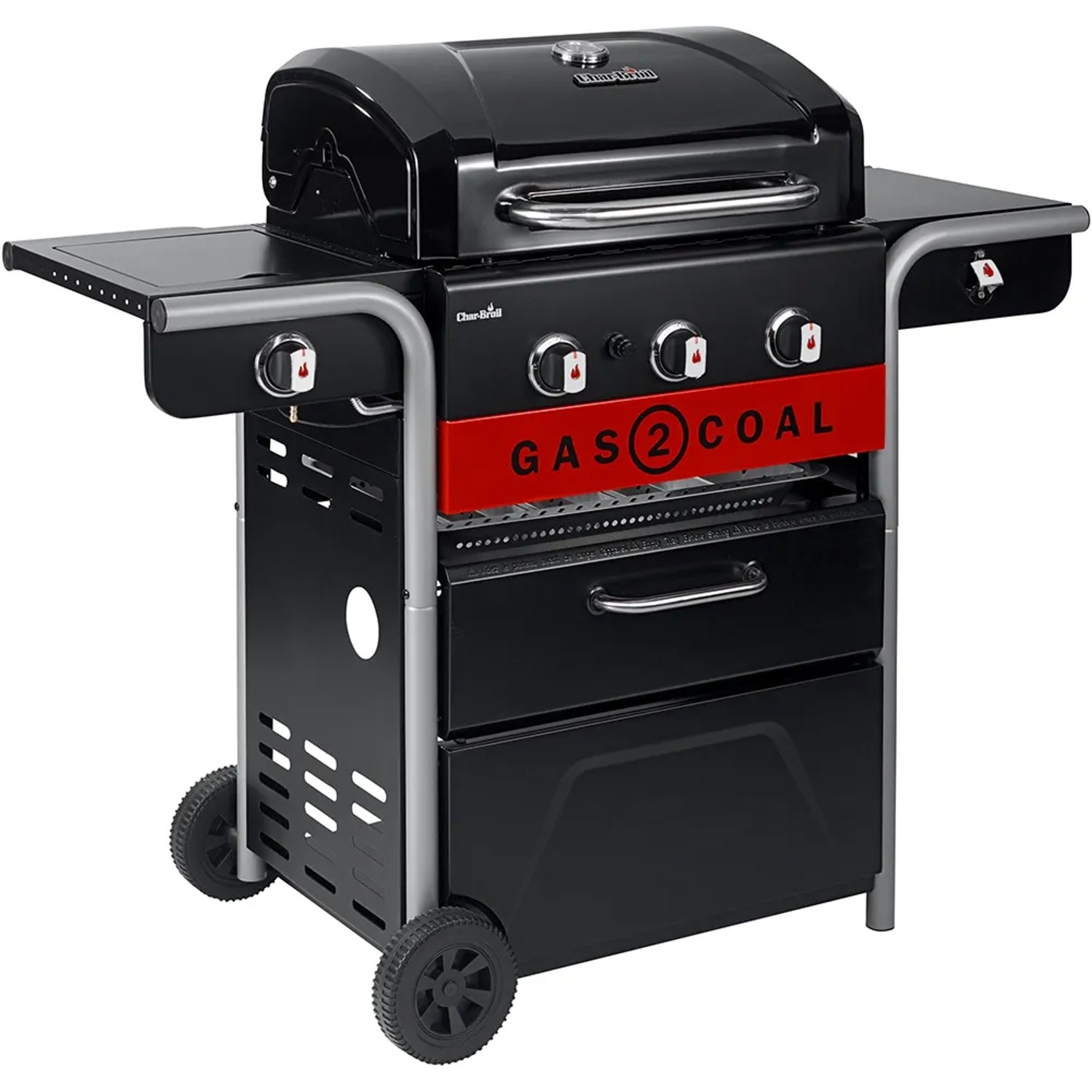 Char-Broil Gas2Coal 2.0 330 Kombigrill mit 3 Brennern und Seitenbrenner, schwarz.