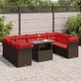 Braune 10-tlg. vidaXL Garten-Sofagarnitur aus Rattan mit roten Kissen und Tisch.
