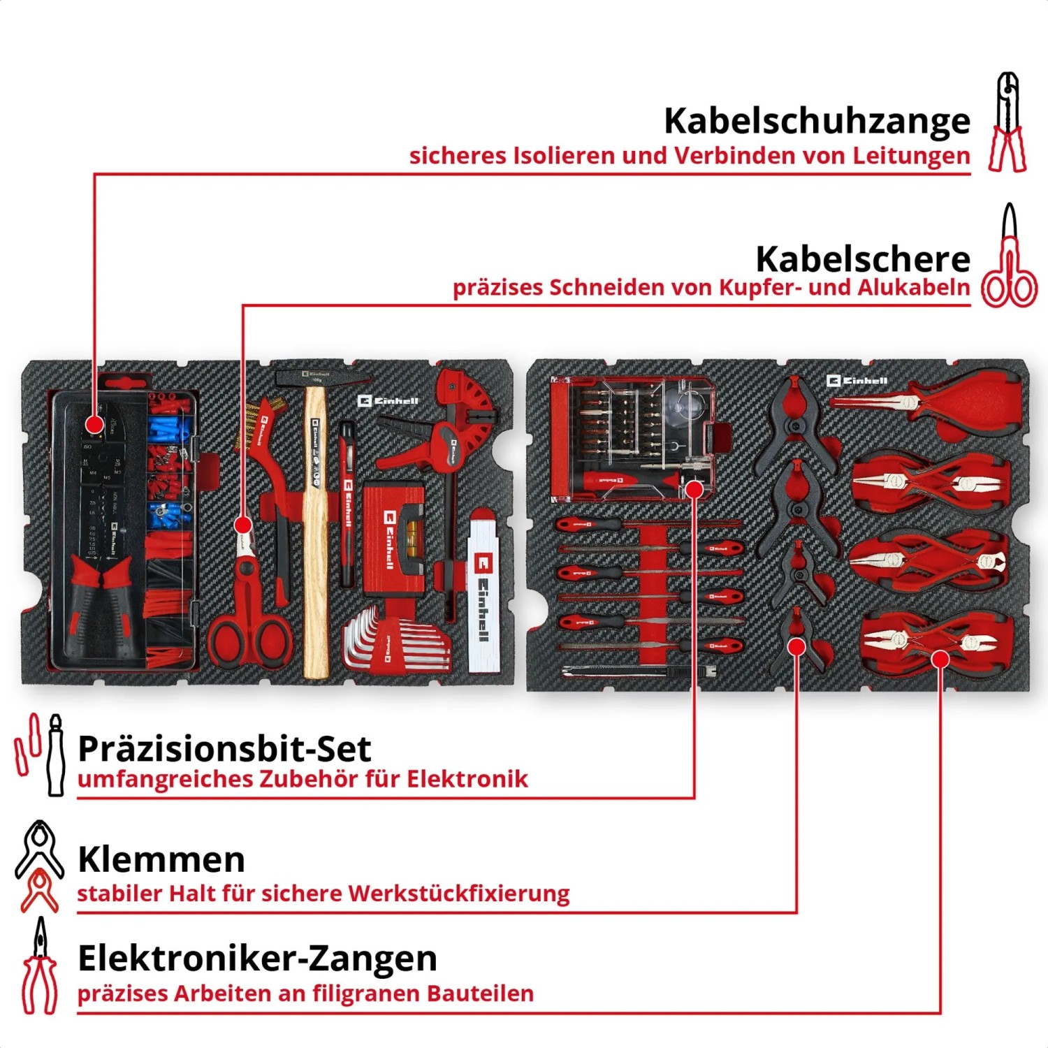 Einhell Werkzeugkoffer Hobby E-Case, 153-teilig, mit Werkzeugen in roter und silberner Farbe, sortiert in einem schwarzen Koffer.